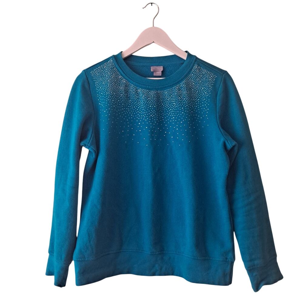Laura Scott Rhinestone Embellished Long Sleeve Crew Sweater Teal  Women's Size S